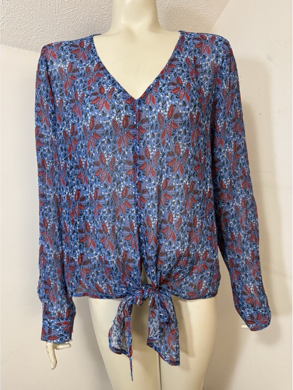 Karen Kane Womens Large Pullover Top V Neck Long Sleeves Tie Waist Leaf Pattern